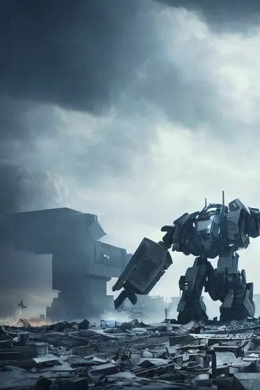 Image similar to vfx film closeup, futuristic giant powerful sci - fi war mech walking out, emerging from smoke and debris in war zone, crumbling buildings, flat color profile low - key lighting award winning photography arri alexa cinematography, hyper real photorealistic cinematic, atmospheric cool colorgrade