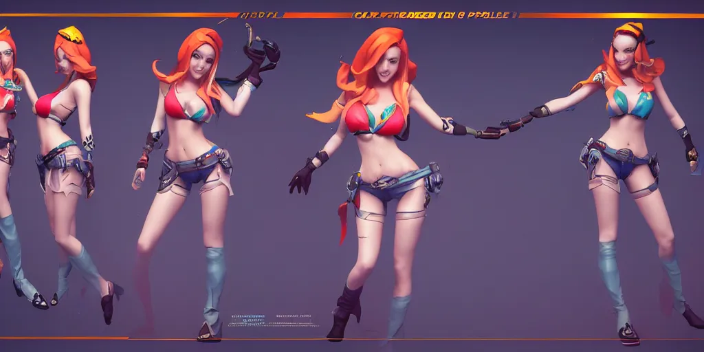 Image similar to Character sheet of pool party miss fortune (League of Legends). 3d octane render trending on artstation