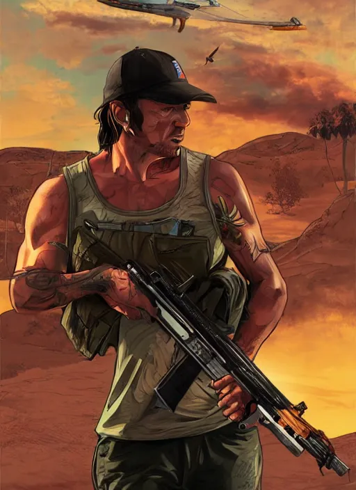 Prompt: rambo going on a killing spree in gta v, cover art by stephen bliss, artstation