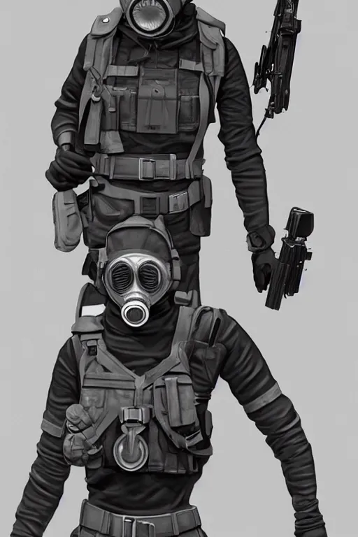 Image similar to british sas female operative with the standard s 1 0 gas mask and the black uniform, 8 0 s, artstation, trending on artstation, establishing shot