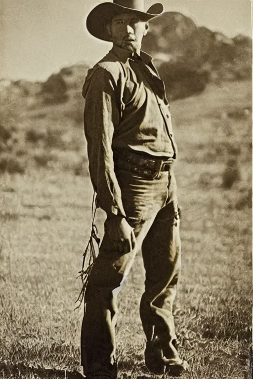 Prompt: old western photo of a cowboy in a yellow button-down shirt and olive green slacks intricate elegant historical photo