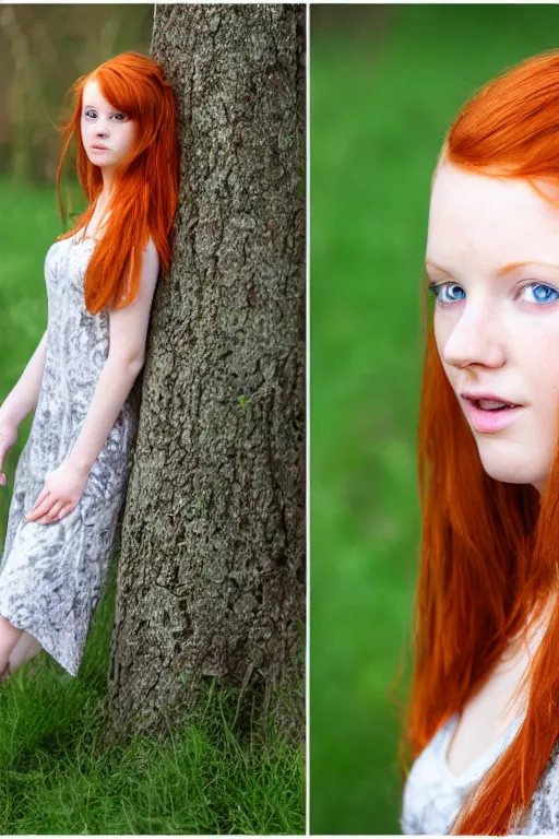 Image similar to a portrait of a redhead beautiful girl, green eyes, highly detailed, 3 5 mm f 1. 4 background silver fir