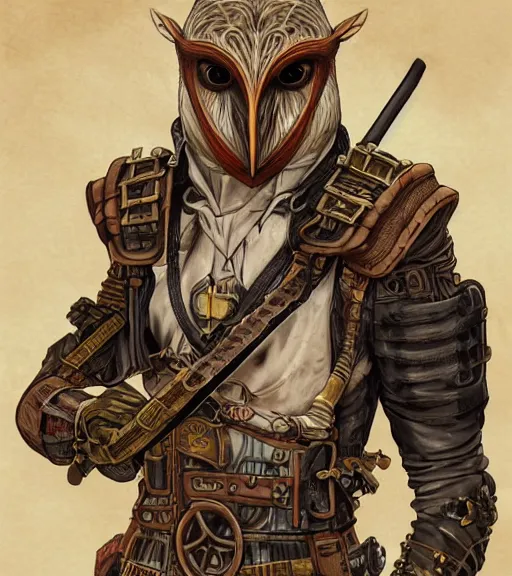 Prompt: portrait full body a man as hero barn owl based, dc style, barn owl symbol in chest, barn owl mask, hand wraps, katana in both hands, steampunk, by yusuke murata and masakazu katsura, artstation, highly - detailed, cgsociety, pencil and ink, steampunk city in the background, dark colors, intricate details