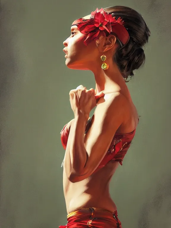 Image similar to an ultradetailed beautiful portrait painting of a girl as a columbian salsa dancer, side view, oil painting, high resolution, by ilya kuvshinov, greg rutkowski and makoto shinkai