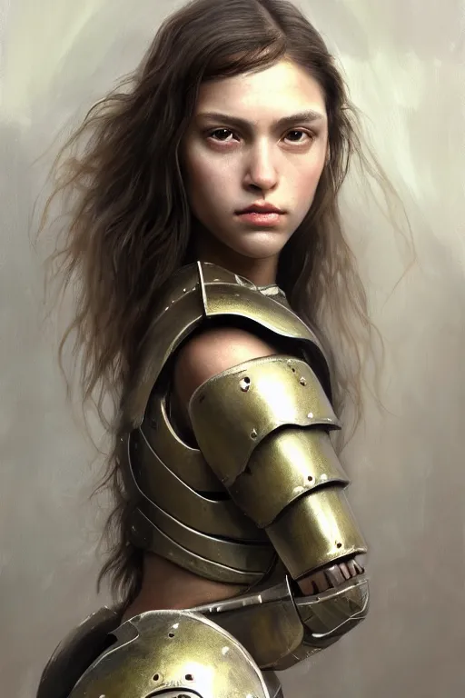 Image similar to a photorealistic painting of an attractive young girl, partially clothed in metal-plated battle armor, olive skin, long dark hair, beautiful bone structure, symmetrical face, perfect eyes, intricate, elegant, digital painting, concept art, illustration, sharp focus, minimal artifacts, from Metal Gear, in the style of Ruan Jia and Mandy Jurgens, by Greg Rutkowski, trending on Artstation, award winning