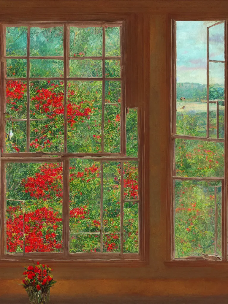 Image similar to a interior photo of a vintage house single window with view to the sunrise near some red flowers, hyperrealistic, digital painting, masterpiece, high quality, highly detailed, high coherence, path traced, serene landscape, beautiful, elegant, bloom, godrays, complementary colors, natural lighting, symmetrical, low contrast, geometrically correct