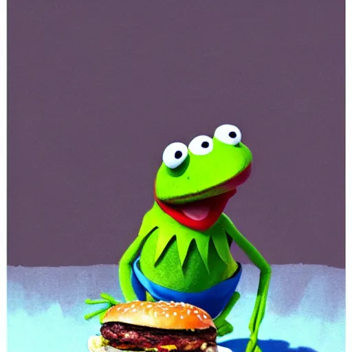 Prompt: kermit the frog eating a doublestacked burger, trending on artstation, concept art, by Greg Rutkowski and Krenz Cushart and Pan_Ren_Wei and Hongkun_st and Bo Chen and Enze Fu and WLOP and Alex Chow