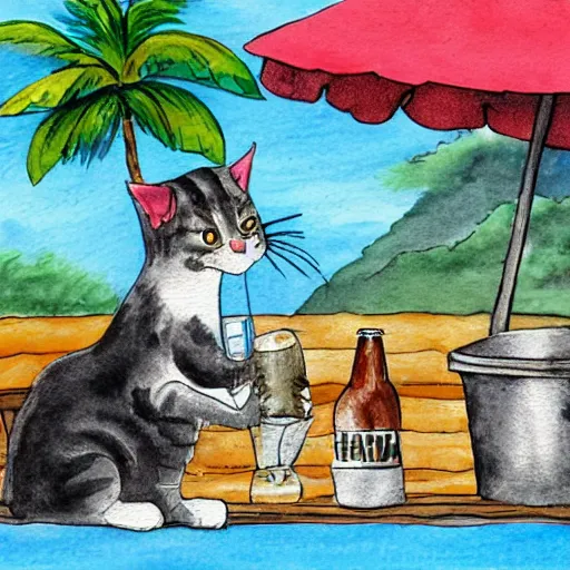 Image similar to a cat with a bucket hat and a hawaii shirt drinking a beer at an outdoor bar by the sea in stockholm, children\'s book illustration watercolor drawing