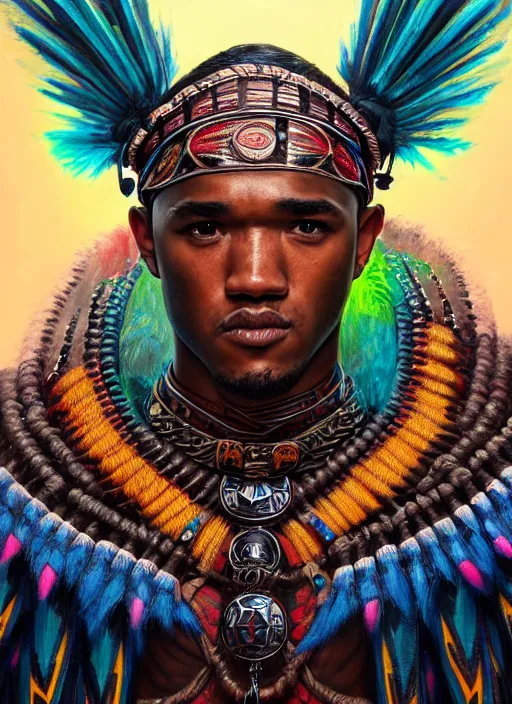 Prompt: portrait of jessie usher, hyper detailed ultra sharp aztec shaman warrior. trending on artstation, warpaint aesthetic, bloodwave, colorful, psychedelic, ornate, intricate, digital painting, concept art, smooth, sharp focus, illustration, art by artgerm and greg rutkowski and h. r. giger, 8 k