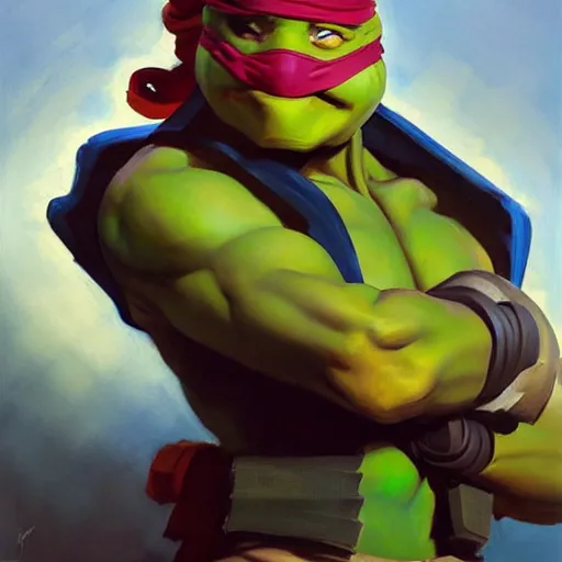 Image similar to Greg Manchess portrait painting of Michelangelo of TMNT as Overwatch character, medium shot, asymmetrical, profile picture, Organic Painting, sunny day, Matte Painting, bold shapes, hard edges, street art, trending on artstation, by Huang Guangjian and Gil Elvgren and Sachin Teng