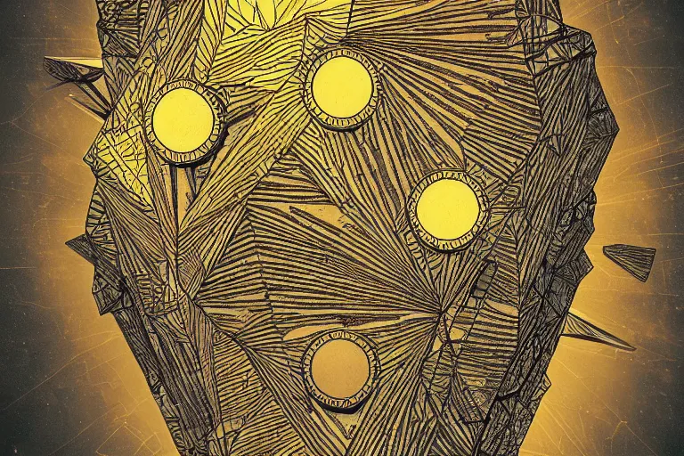 Prompt: Totem of the techno monolith of radial geometric sun above angular geological bedrock with a detailed technology embedded within it , black fine lines on damaged vintage tape , warm brown, geocore, geopunk , Pascal Blanché, trending on artstation