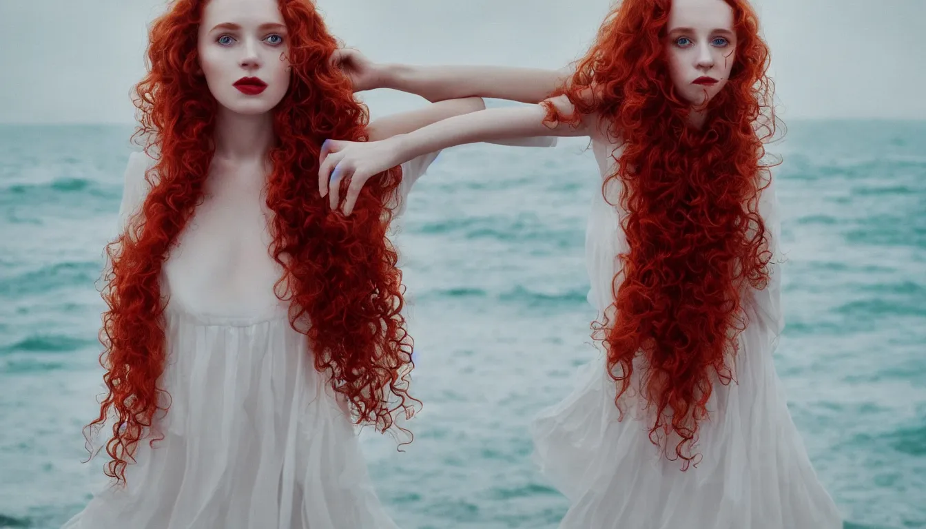 Image similar to a portrait photography of a beautiful woman with red long curly hair and full body dress in white by Flora Borsi, stand up with the sea behind, soft natural lighting, pastel colors scheme, fine art photography, , 80 mm sigma art