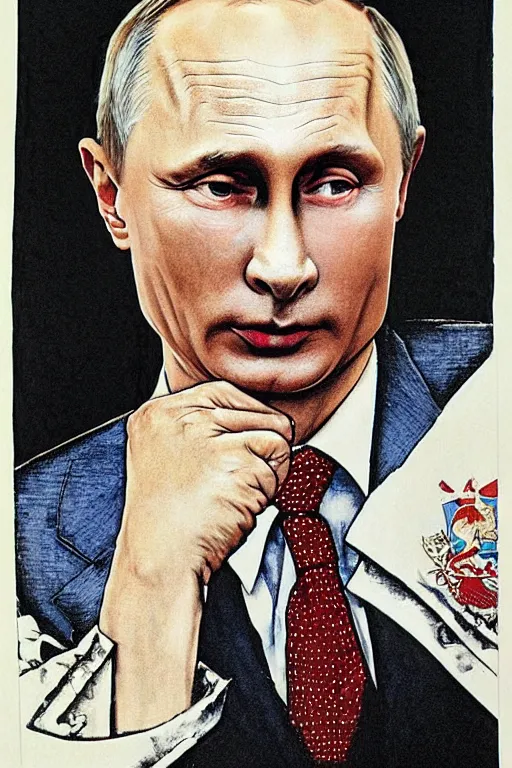 Image similar to vladimir putin. masonic lithography by norman rockwell