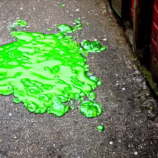 Image similar to a sticky puddle of green luminous goop on the pavement in a back alley