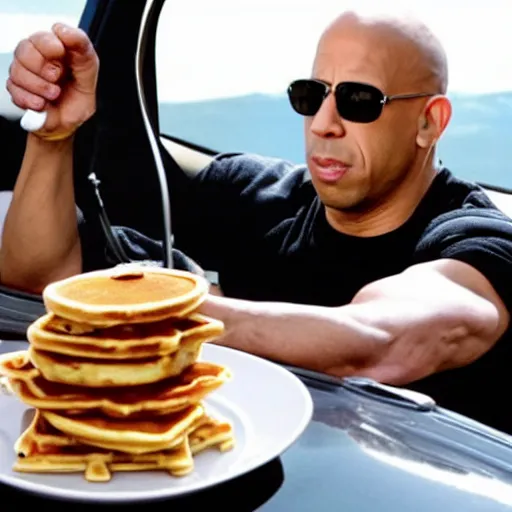 Prompt: movie still of vin diesel eating waffles and pancakes in a car