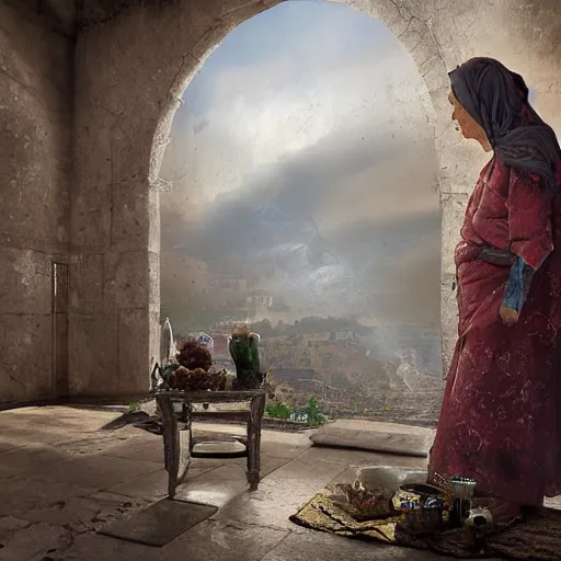 Image similar to hyperrealistic mixed media high resolution image of a beautiful Kurdish grandmother, stunning 3d render inspired art by István Sándorfi and Greg Rutkowski and Unreal Engine, perfect symmetry, dim volumetric lighting, 8k octane beautifully detailed render, post-processing, extremely hyper-detailed, intricate, epic composition, highly detailed attributes, highly detailed atmosphere, full body shot, cinematic lighting, masterpiece, trending on artstation, very very detailed, masterpiece, stunning, flawless structure, lifelike texture, perfection,