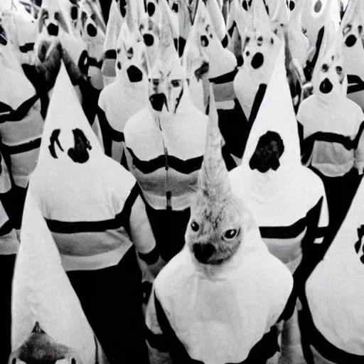 Image similar to conehead furry cult, 35mm grainy film photography