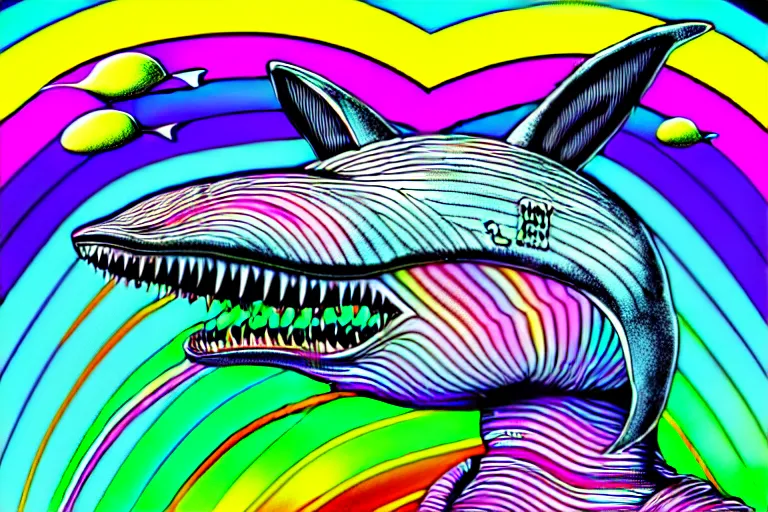 Image similar to a detailed digital art of a bunny disguised as a shark in the style of junji ito and moebius and giger, rainbow color scheme, ornate, photosynthetic,8k,award winning art,