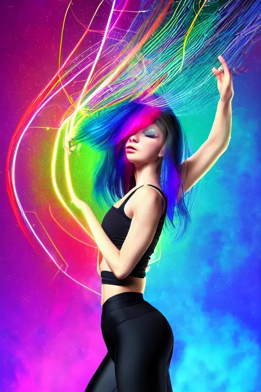 Image similar to a award winning half body portrait of a beautiful woman with stunning eyes in a croptop and leggings with reinbow colored ombre hairstyle head in motion and hair flying while dancing by thomas danthony, surrounded by whirling illuminated lines, outrun, vaporware, shaded flat illustration, digital art, trending on artstation, highly detailed, fine detail, intricate