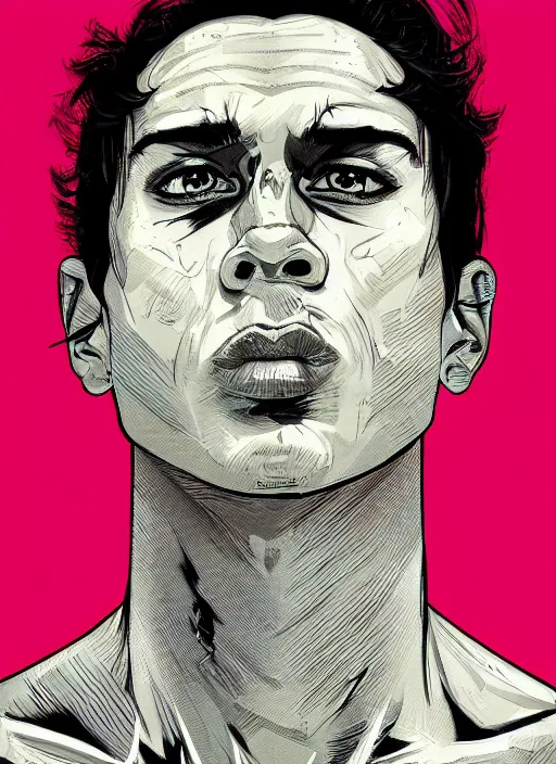 Image similar to portrait of a young man with black hair wearing a black turtleneck. scars on his body. young man brown skin. art by martin ansin, martin ansin artwork. portrait.