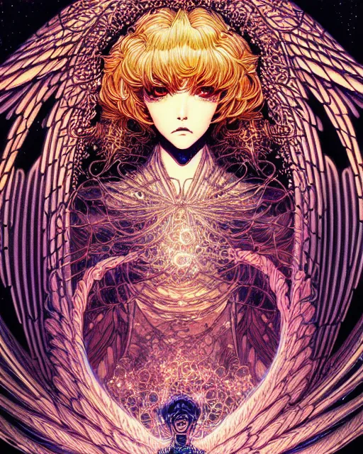 Image similar to hyper detailed illustration of an angel made of light, very holy, intricate linework, lighting poster by moebius, ayami kojima, 90's anime, retro fantasy