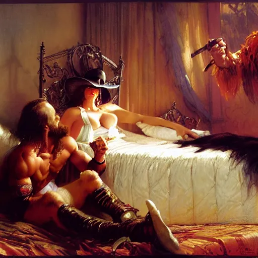 Image similar to macho man randy savage ring gear is in his bed, nervous and terrified, because miss elizaneth from hell is attacking him. highly detailed painting by gaston bussiere, j. c. leyendecker, greg rutkowski, craig mullins 8 k