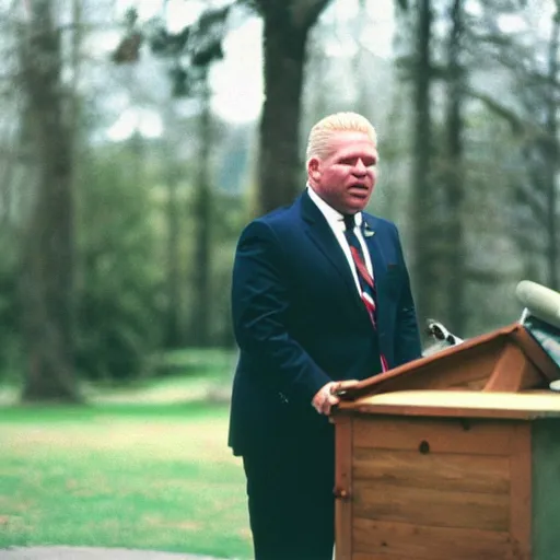 Prompt: doug ford giving a speech in beekeepers suit cinestill, 8 0 0 t, 3 5 mm, full - hd