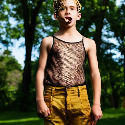 Image similar to A full shot portrait of a boy in a Netted Fishnet Mesh Tanktop wearing a golden diamond crown smoking a cigar on a sunny day in the park, 35mm, 4K, studio lighting