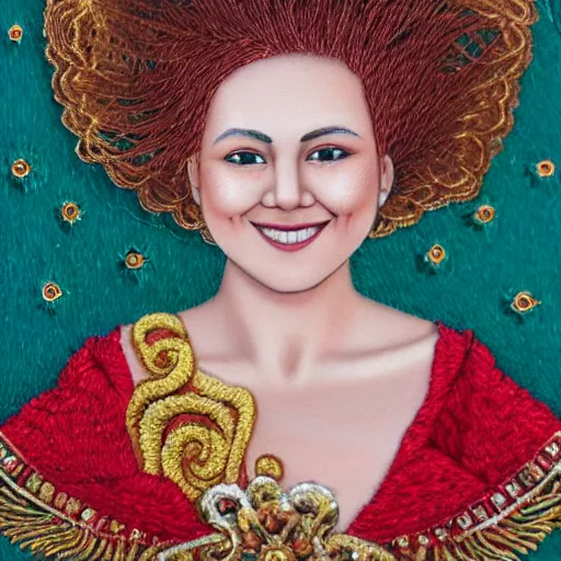 Prompt: Close up of a Highly detailed embroidery painting of a beautiful young woman with red hair, smiling, Thread material, Fabric, gold details, Emeralds, Golden thread, golden details, intricate details, intricate patterns 4k, 8k, HDR