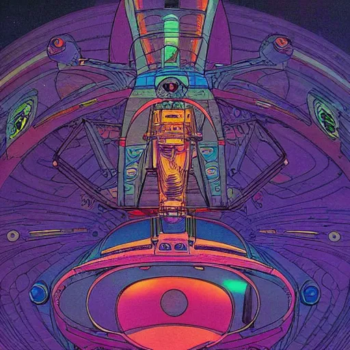 Image similar to an illustration of a spaceship. moebius. psychadelic lsd sci fi art.