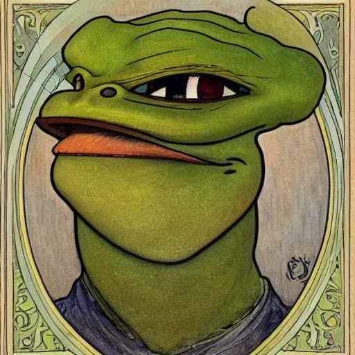 Prompt: pepe the frog groyper smug look, uncropped, painted by carl larsson and alphonse mucha