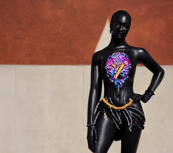 Image similar to black marble statue of a beautiful woman with colorful motocross logos in the style of virgil abloh, very very beautiful, detailed, off white, heron preston, 8 k, 4 k, detailed, beautiful, symmetrical, vogue, editorial, fashion, magazine, model