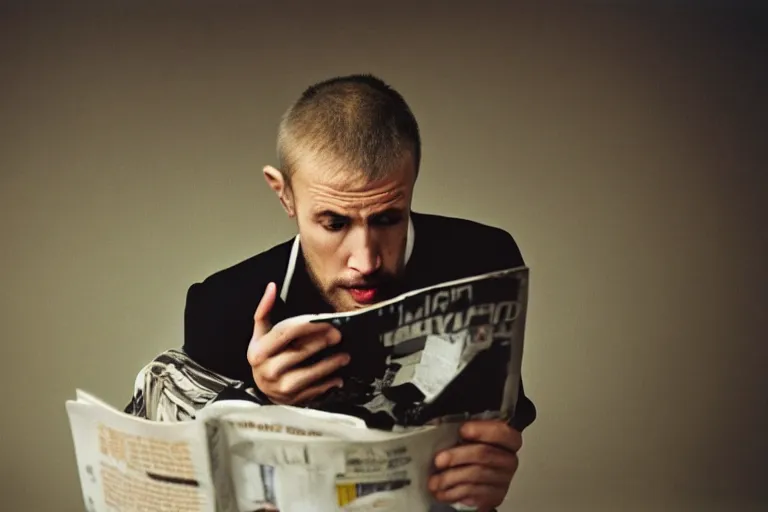 Image similar to realistic exposed expired fuji film portrait of a man being shocked when reading a magazine, hyperrealism, hypermaximalism, photorealistic, detailed, atmospheric, 8 k, award winning photography, cinematic