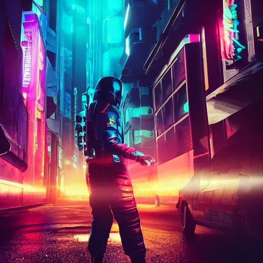 Image similar to professional photo of astronaut on cyberpunk street, synthwave, blade runner 2 0 4 9 style, hyperrealistic masterpiece, trending on artstation, cgsociety, kodakchrome, golden ratio, cinematic, composition, beautiful lighting, hyper detailed, sharp focus, octane render, 4 k, unreal engine