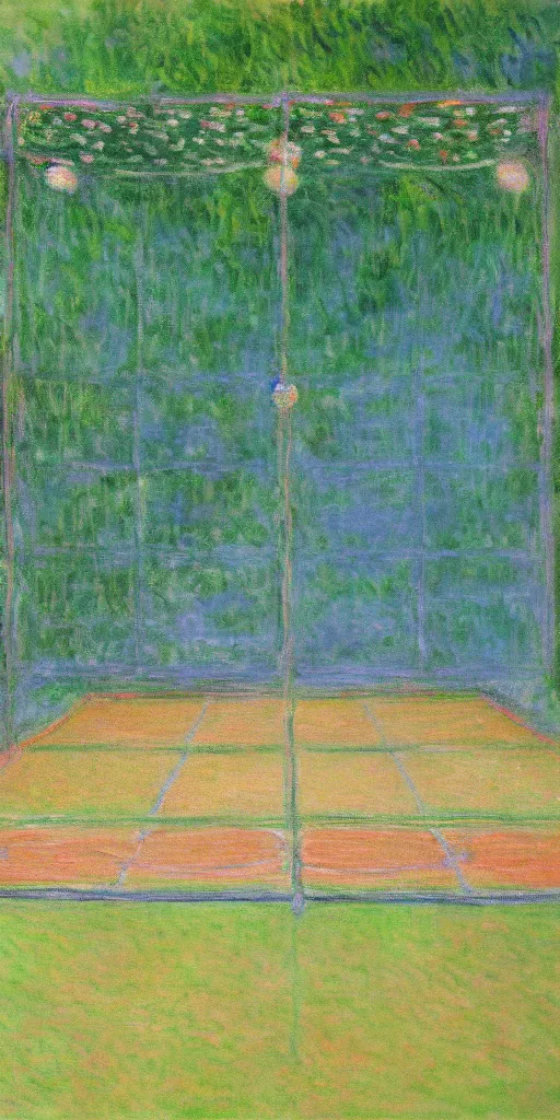 Image similar to tennis court, art by claude monet, impressionism, oil painting, bright colors, advertising painting