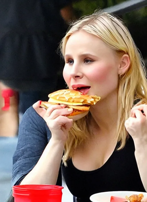 Image similar to chonky chubby kristen bell sitting eating a hamburger with her belly sticking out of her shirt