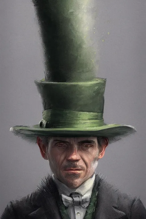 Prompt: a grey hair old halfling green eyes with stubble top hat and suit by Greg Rutkowski, painting, portrait, HD, high details, trending on artstation