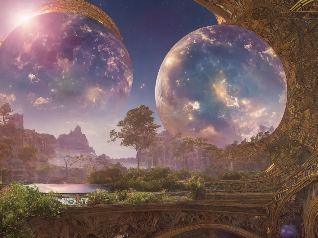 Image similar to The universe is a spheroid region 705 meters in diameter, 3d render, Sunlight Study, by John William Waterhouse and ((((Lisa Frank)))), Art Nouveau, 8k, extreme detail, sharp focus, octane render