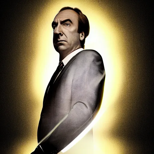 Prompt: Saul Goodman staring at the viewer, 4k, highly detailed, dim light coming from the side, black background
