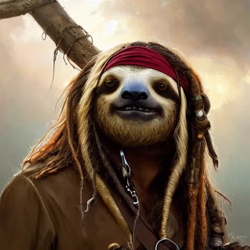 Image similar to Portrait of a Sloth dressed as Jack Sparrow, highly detailed oil painting, photorealistic, highly detailed, digital painting, artstation, concept art, smooth, sharp focus, illustration, art by artgerm and greg rutkowski and alphonse mucha