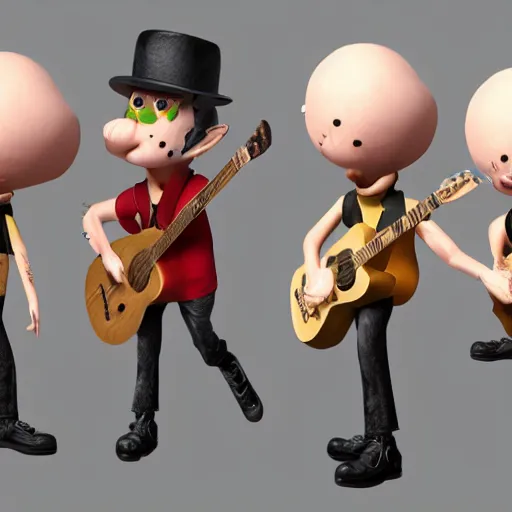 Image similar to kibooki style, Mick Jones, The Clash, Puppet cartoon, photo realistic, playing, Unreal Engine, Hdri