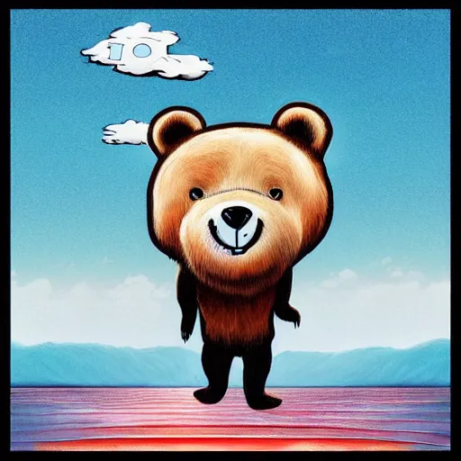 Image similar to a cartoon bear flying through the air, an album cover by Xi Gang, cg society, futuristic, groovy, masterpiece, wavy