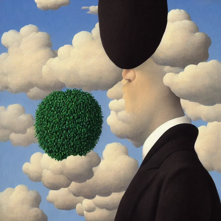 Image similar to portrait of a man whos head is hidden with a cloud, by rene magritte, detailed painting, hd, hq, high resolution, high detail, 4 k, 8 k