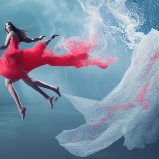 Prompt: manshaped swirling smoke beside woman dancing underwater wearing a flowing red dress made of seaweed, large school of tiny silver fish in the background, octane render, caustics lighting from sunlight above, cinematic