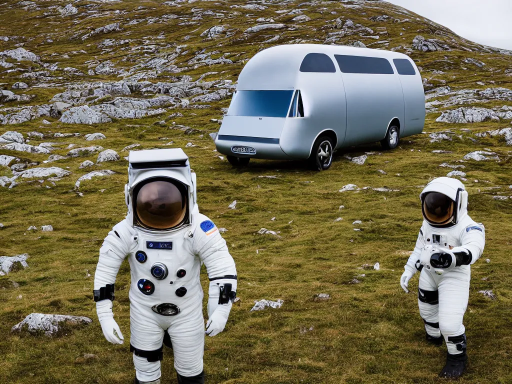 Prompt: tourist in space suit on the Isle of Harris, Scotland, a futuristic silver sci-fi campervan in the background, 35 mm lens, medium format camera, photorealistic, 8K, rocky, hills, grass