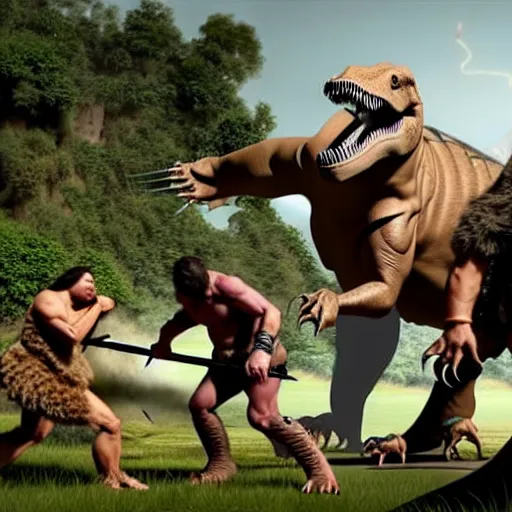 Image similar to A large dinosaur! fighting with several realistic detailed cavemen with proportioned bodies, next to the dinosaur are cavemen, the cavemen are armed with spears, the caveman are in a fighting stance, the cavemen are wearing animal furs, one caveman is stabbing the dinosaur with his spear, one caveman is cowering in fear, coarse canvas, visible brushstrokes, intricate, extremely detailed painting by Giorgione (and by Greg Rutkowski)