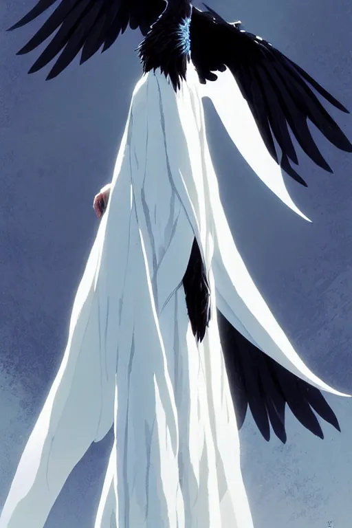 Image similar to raven headed warlock doing magic spells wind, white robes, finely detailed perfect face, exquisite details, mid view, design on a white background, by studio muti, greg rutkowski makoto shinkai takashi takeuchi studio ghibli