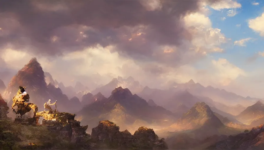 Prompt: excellent painted daemon in a wide epic beautiful landscape somewhere in asia with fluffy clouds, painted by Hans Fredrik Gude, Greg Rutkowksi, Craig Mullins and Artgerm, masterpiece, 4k, ultra realistic highly detailed oil painting