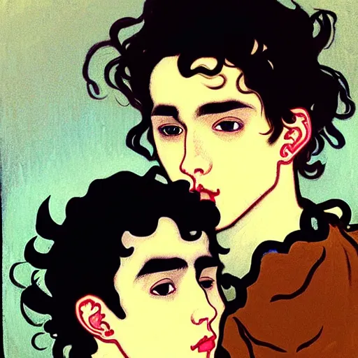 Image similar to painting of young cute handsome beautiful dark medium wavy hair man in his 2 0 s named shadow taehyung and cute handsome beautiful min - jun together at the halloween party, bubbling cauldron, candles, smoke, tarot, autumn colors, elegant, stylized, soft facial features, delicate facial features, art by alphonse mucha, vincent van gogh, egon schiele