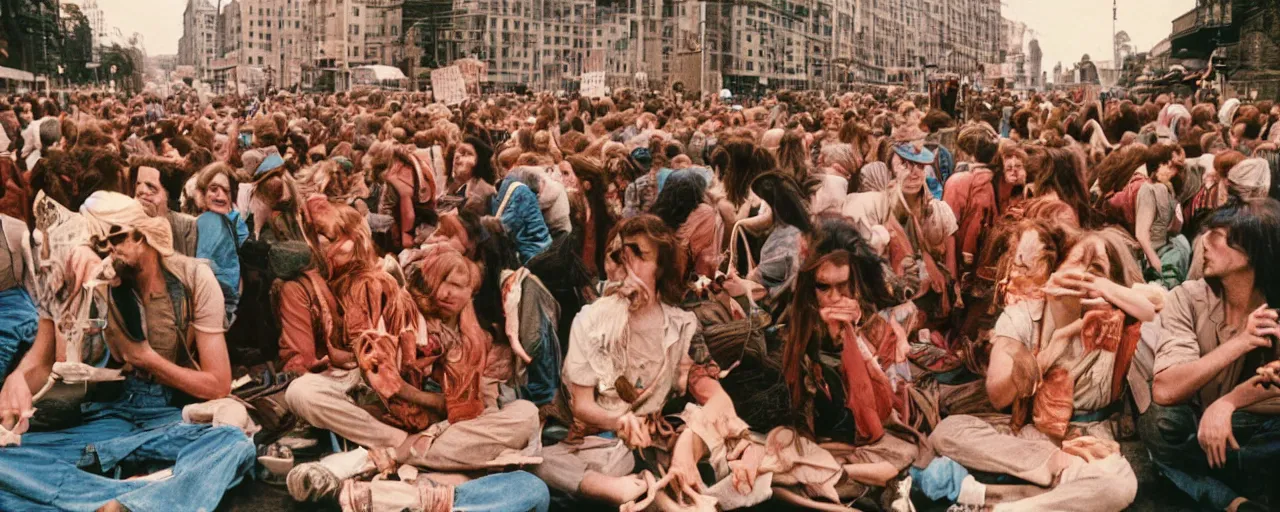 Prompt: hippies protesting spaghetti, 1 9 6 0's, high detailed face, realistic faces, small details, intricate, canon 5 0 mm, wes anderson film, kodachrome